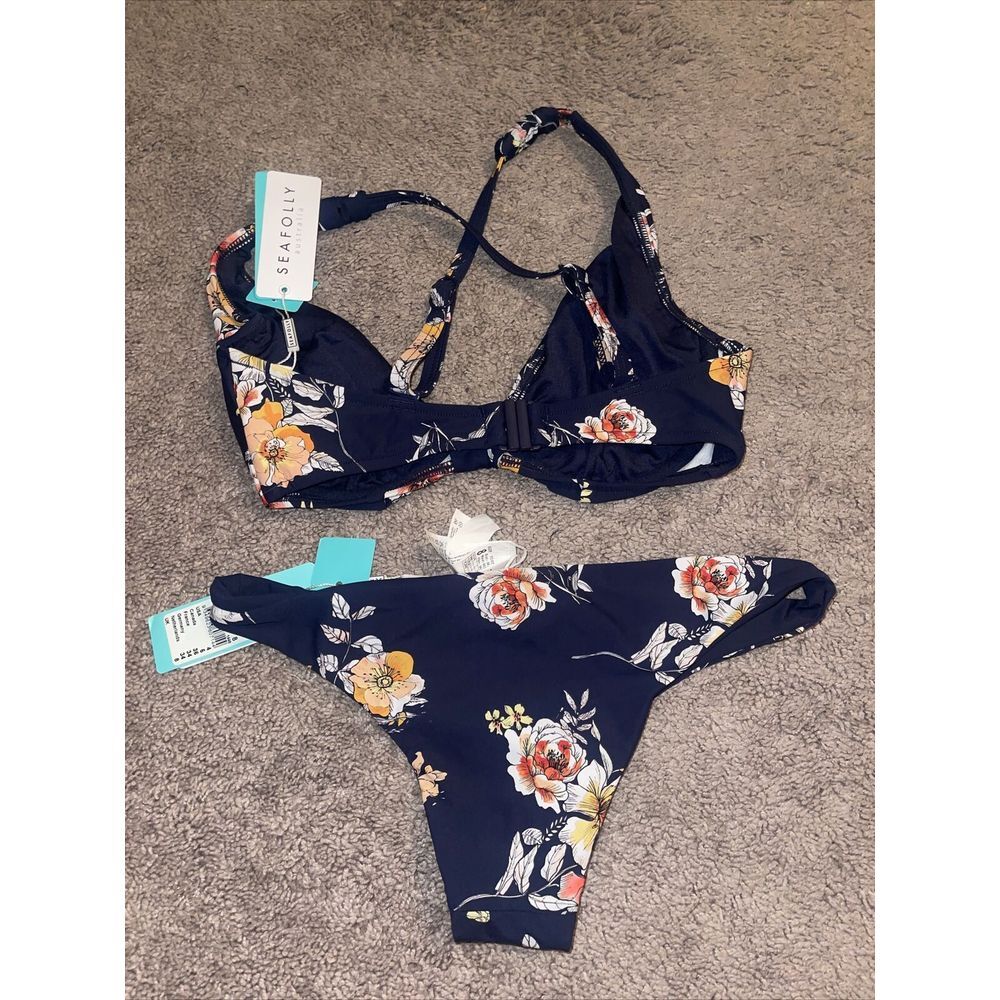 Seafolly Midsummer Indigo Floral Bikini Swimwear Sz 4 US - Halter / Brazilian - Picture 4 of 4